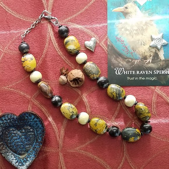 IndigoStarHealingArt Jewelry - OOAK Yellow Turquoise, Raku Clay and Sterling Silver Beaded Necklace